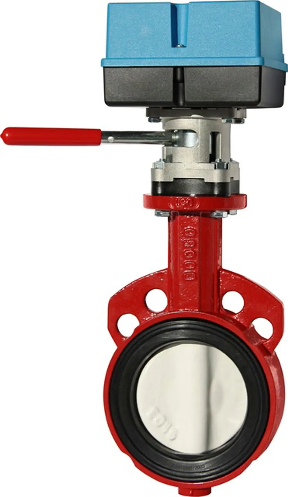 Rot lackierte Absperrklappe mit einem Stellantrieb in blauer Farbe. Das Produkt ist ein Teil des Hydrauliksystems von IMI Hydronic Engineering.